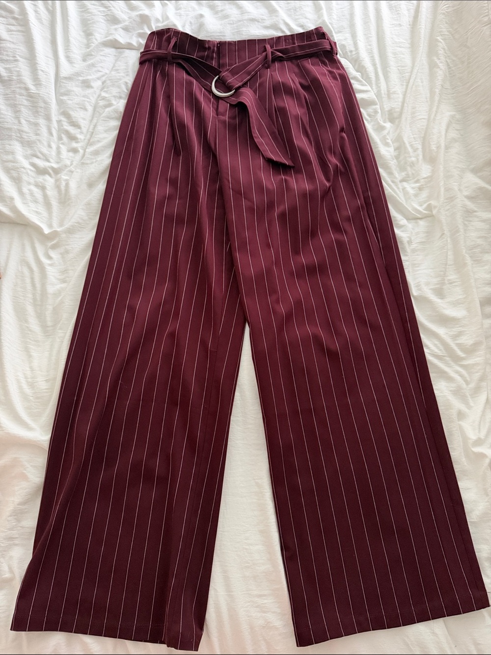 Wide-Leg Pinstripe Trouser with Tie Belt - Burgundy